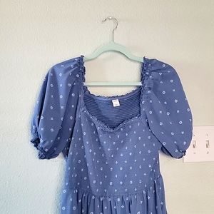 Old Navy Blue Midi Dress L Smocked Cotton Blend Patterned Pockets